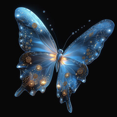 Glowing blue butterfly with golden specks on wings, illuminated against a dark background.
