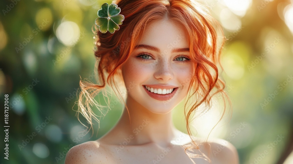 Wall mural Red haired woman smiling outdoors with clover hair clip