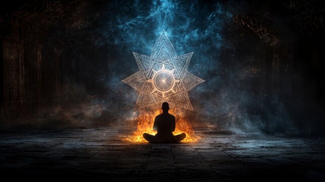 Devotee invoking indra yantra mystic temple digital art ethereal environment side view spiritual awakening