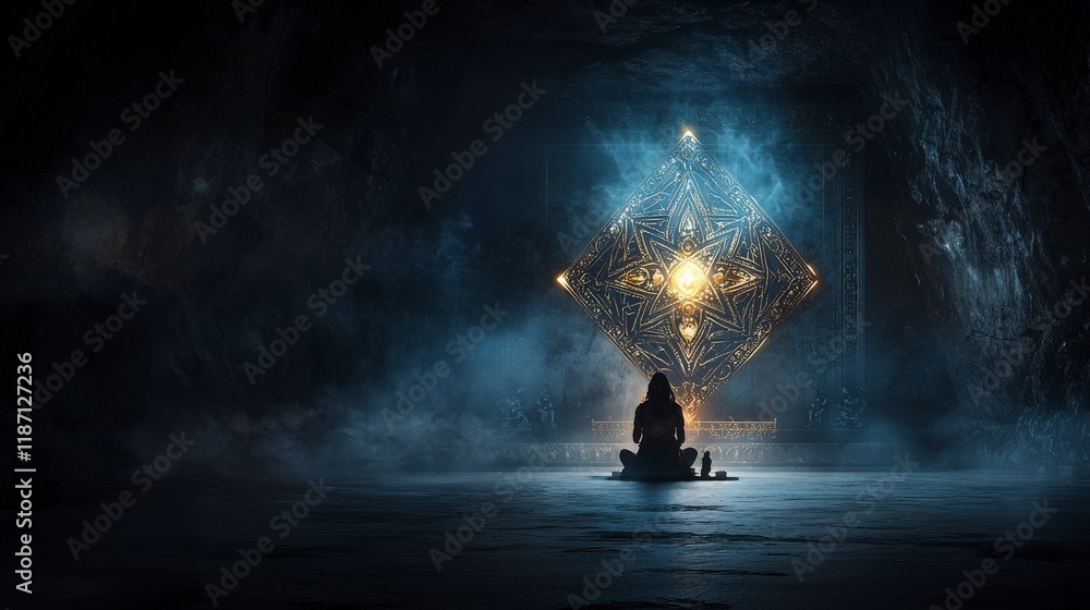 Aufkleber devotee praying before uma dev sacred temple spiritual scene contemplative atmosphere low angle inne