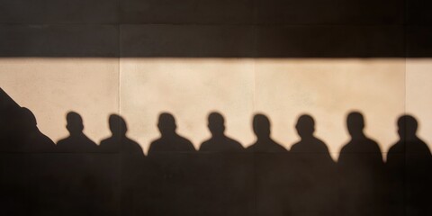 The silhouettes of multiple figures create a captivating pattern on a wall, showcasing the interplay between light and shadow while evoking a sense of mystery and presence.