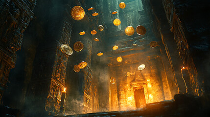 A cinematic perspective of coins suspended in mid-air, glowing faintly in the shadowy ambiance of an ancient temple, torchlight casting dramatic shadows,