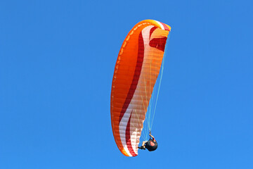 	
Paraglider flying in a blue sky