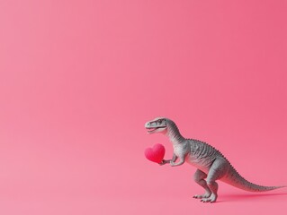 Fototapeta premium Cute dinosaur toy holding a pink heart on a pastel pink background, perfect for expressing love and affection in playful design themes for various media projects