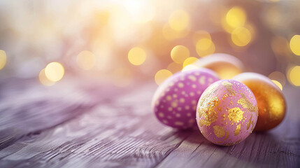 Fototapeta premium Wooden table with four eggs on it, two of which are pink