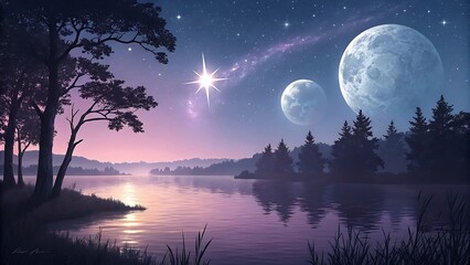 Dual Celestial Bodies Illuminate Tranquil Lake Scene