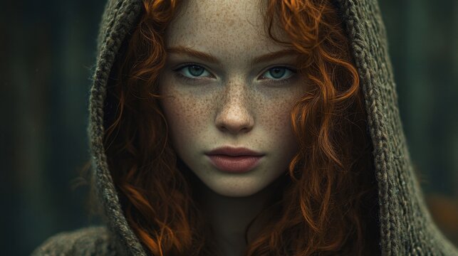 Red haired woman with freckles in hooded sweater