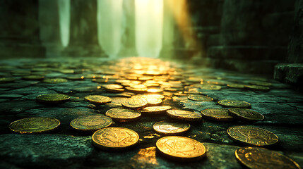 A close-up of coins resting unevenly on the uneven surface of an ancient stone floor, faint reflections from a single beam of light, blurred temple pillars in the background, hd quality,
