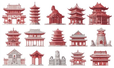 Collection of Asian temples and pagodas isolated on white for design use.