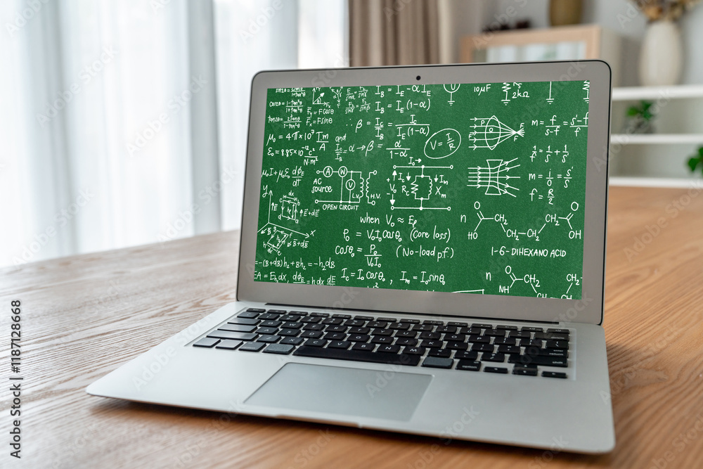 Poster mathematic equations and modish formula on computer screen showing concept of science and education