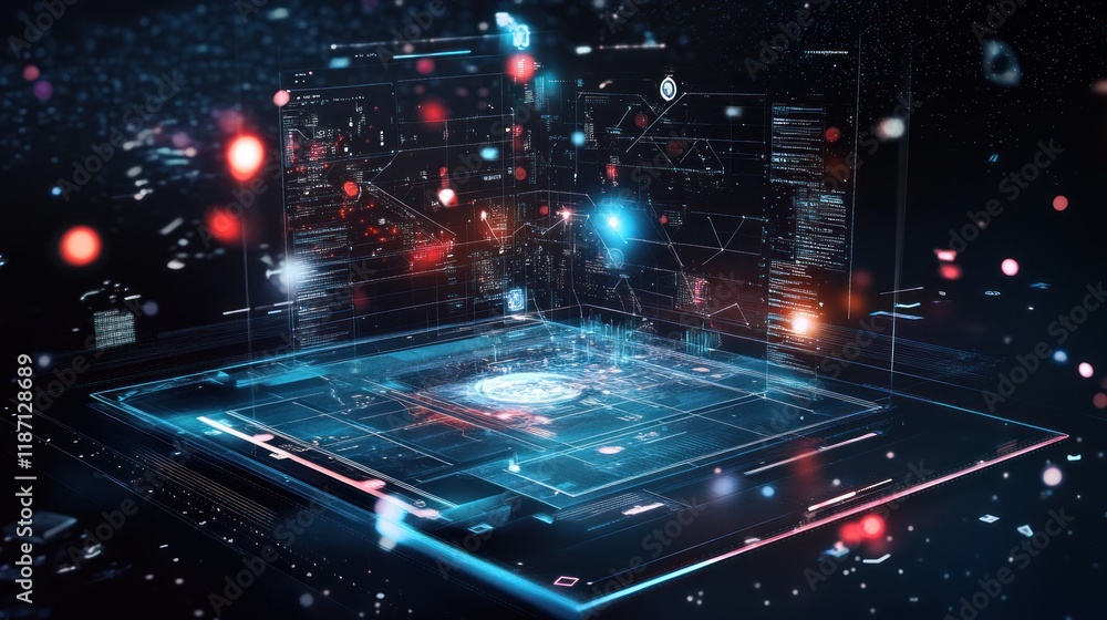 Poster Futuristic Holographic Interface Displays Complex Data Streams