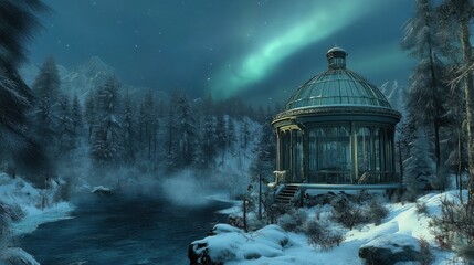 Winter gazebo under the aurora borealis by a frozen lake