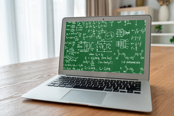 Mathematic equations and modish formula on computer screen showing concept of science and education