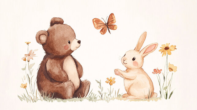 A heartwarming watercolor illustration of a brown bear and a cream rabbit sitting in a flower field watching a butterfly float by

 - Powered by Adobe