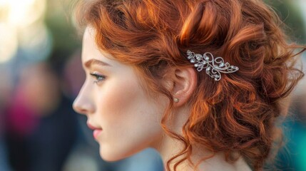 Naklejka premium Redhead Woman with Curly Hair and Delicate Hair Clip
