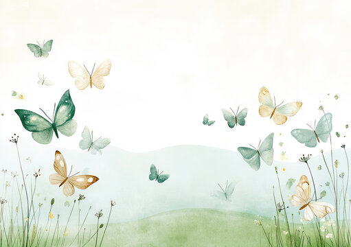 Fr&uuml;hlingshafte Schmetterlings-Illustration &ndash; Zarte Wiese mit Schmetterlingen und Textfreiraum"