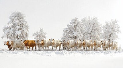 Naklejka premium Winter Wonderland Cattle: A Snowy Pastoral Scene
