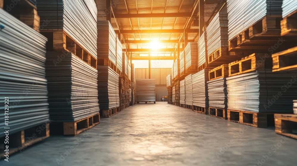 Poster warehouse rows of stacked metal sheets on pallets
