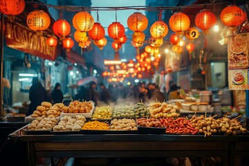 Diverse street food display under lanterns at a Chinese night market