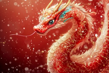 Fototapeta premium A stunning illustration of a red dragon with golden accents and dynamic curves, symbolizing strength and tradition in Chinese culture.