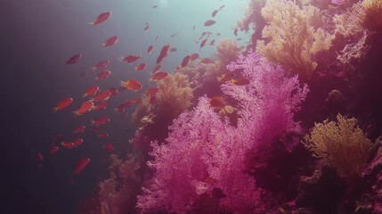 Obraz premium Coral Reef Scene With School Of Orange Fish Swimming