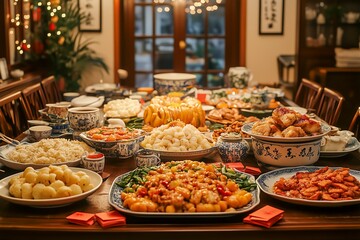 Elegant display of traditional Chinese family dinner with an assortment of vibrant festive dishes, celebrating unity and culture during Chinese New Year.