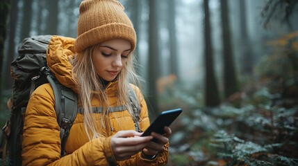 Young woman hiker using smartphone in misty forest.