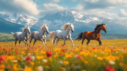 Four horses galloping through a vibrant wildflower meadow with majestic mountains in the background.