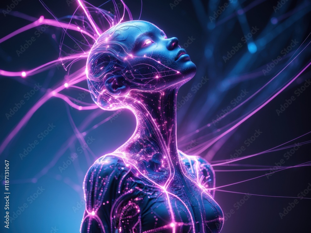 Poster exploration of artificial intelligence and neural networks illustrated through a dynamic, glowing hu
