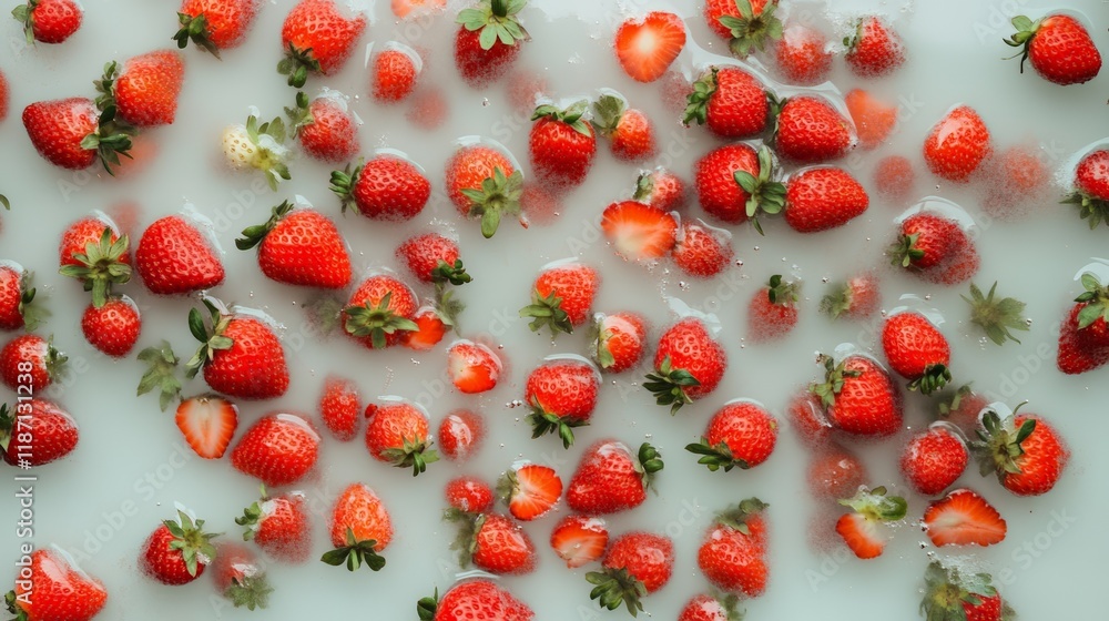 Poster Numerous fresh, ripe red strawberries with green stems are gently floating in a milky white liquid, creating a visually appealing and refreshing summery scene