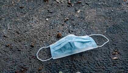 A depiction of an unsafe public place with a mask lying on the ground, scattering infectious particles all around it