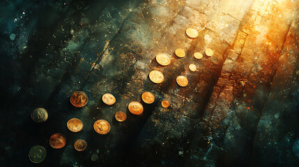 A dramatic bird’s-eye perspective of coins mid-flight, Judas' sorrowful figure below partially lit by torches, the stone floor textured with intricate carvings and deep shadows,