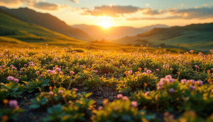 Fototapeta premium Golden Hour Meadow: A Sunset Symphony in the Mountains