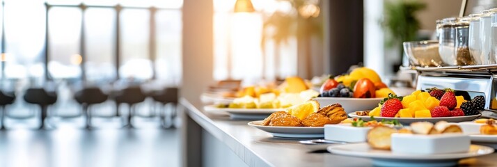 Fototapeta premium Plates of colorful fruit, pastries, and other breakfast items are arranged on a buffet table in a hotel, creating a visually appealing spread for guests to enjoy