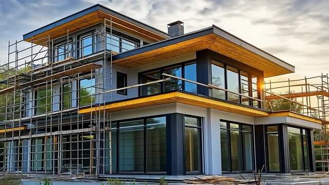 A contemporary home with windows and scaffolding is being built.