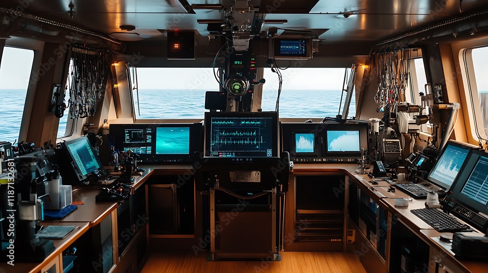Poster modern ship bridge with ocean view, multiple monitors displaying navigation data and controls.