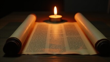 Buddhism, The Eightfold Path of Buddhism,Minimalist photo of an ancient hand-rolled scroll depicting the Eightfold Path, softly lit by a single candle.