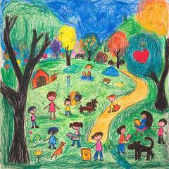Lively children's drawing of a vibrant community scene with people, colorful houses, trees and a sunny sky, cheerful and creative artwork