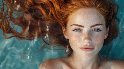Redhead woman with freckles in water.