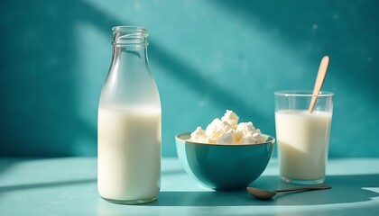 Milk kefir drink on blue backgroundLiquid and fermented milk product on blue background