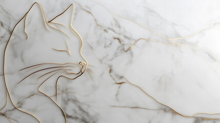 Fototapeta premium Minimalist depiction of a cats silhouette in smooth gold lines , marble background, modern, minimalist design