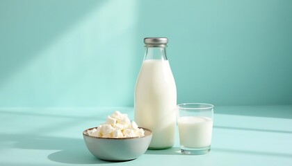 Milk kefir drink on blue backgroundLiquid and fermented milk product on blue background