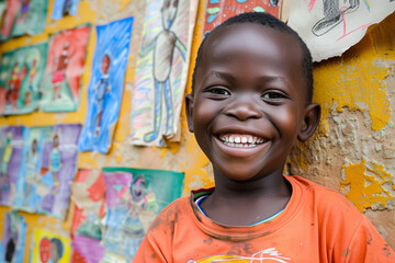 Happy boy standing in front of a wall filled with colorful drawings.