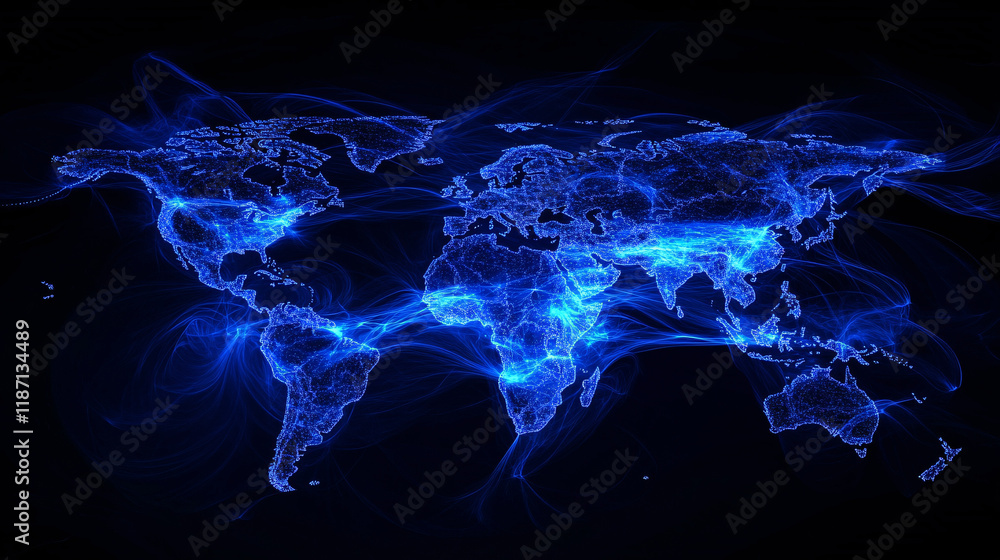 Poster a high-tech digital world map with glowing blue data lines flowing across the continents representin