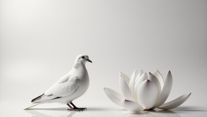 Fototapeta premium Buddhism, Principles of non-violence and compassion,Minimalist photo of a dove and a lotus isolated on a monochromatic studio background, minimalist aesthetics.