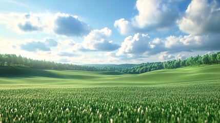 Naklejka premium 3D rendering of a grassy field with a blue sky and clouds. A beautiful green meadow landscape in the background.