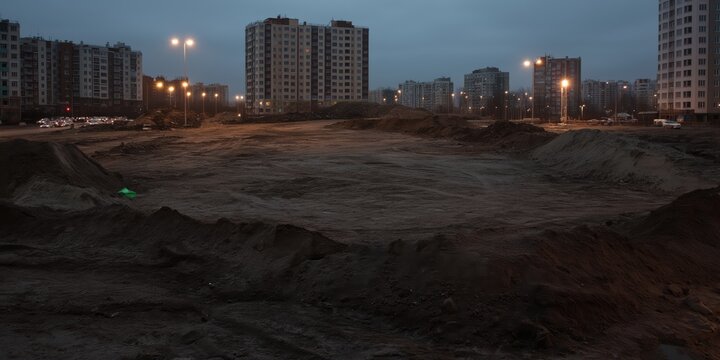 An evening view of an urban construction site, illuminated by overhead lights, showcasing the contrast between progress and the darkened city backdrop.