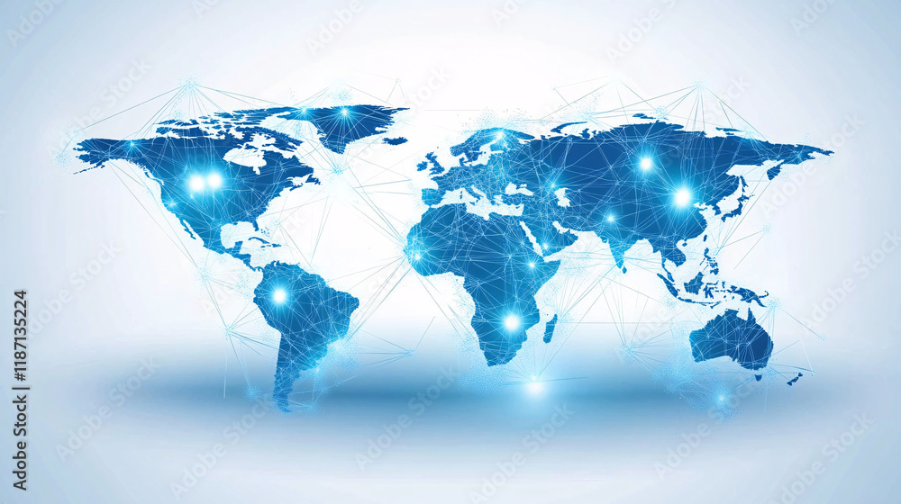 Poster a digital world map glowing in blue with intricate network lines and bright nodes connecting regions