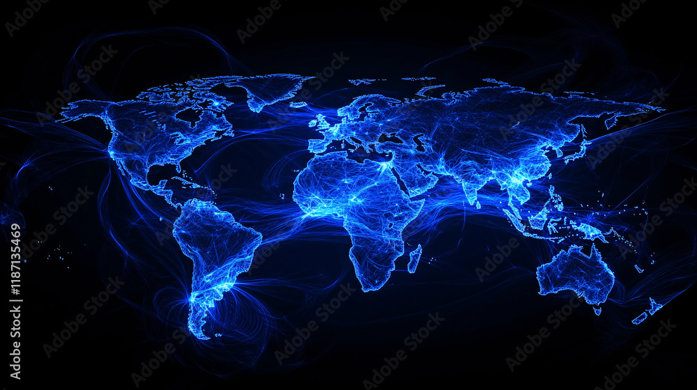 Poster a glowing blue digital world map with interconnected points and lines displayed on a clean light bac