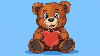 Obraz premium A cute cartoon bear holds a red heart, sitting against a light blue background, radiating warmth and affection.